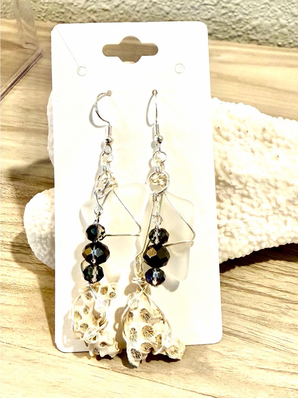 18. Handmade White Sea Glass & Black Crystal Dangle Earrings with coral